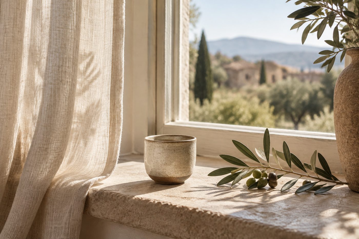 Fenêtre de lin, tasse en grès et olivier