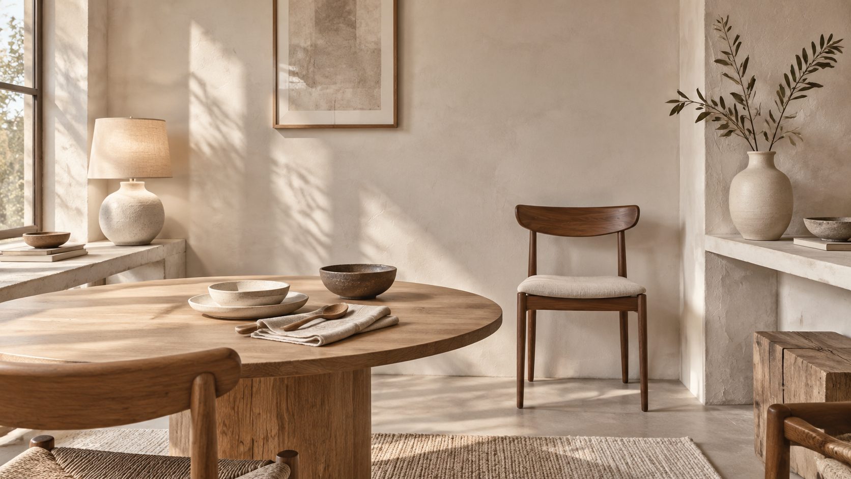 Pièce de jour avec lampe, table dressée, chaise en noyer et vase