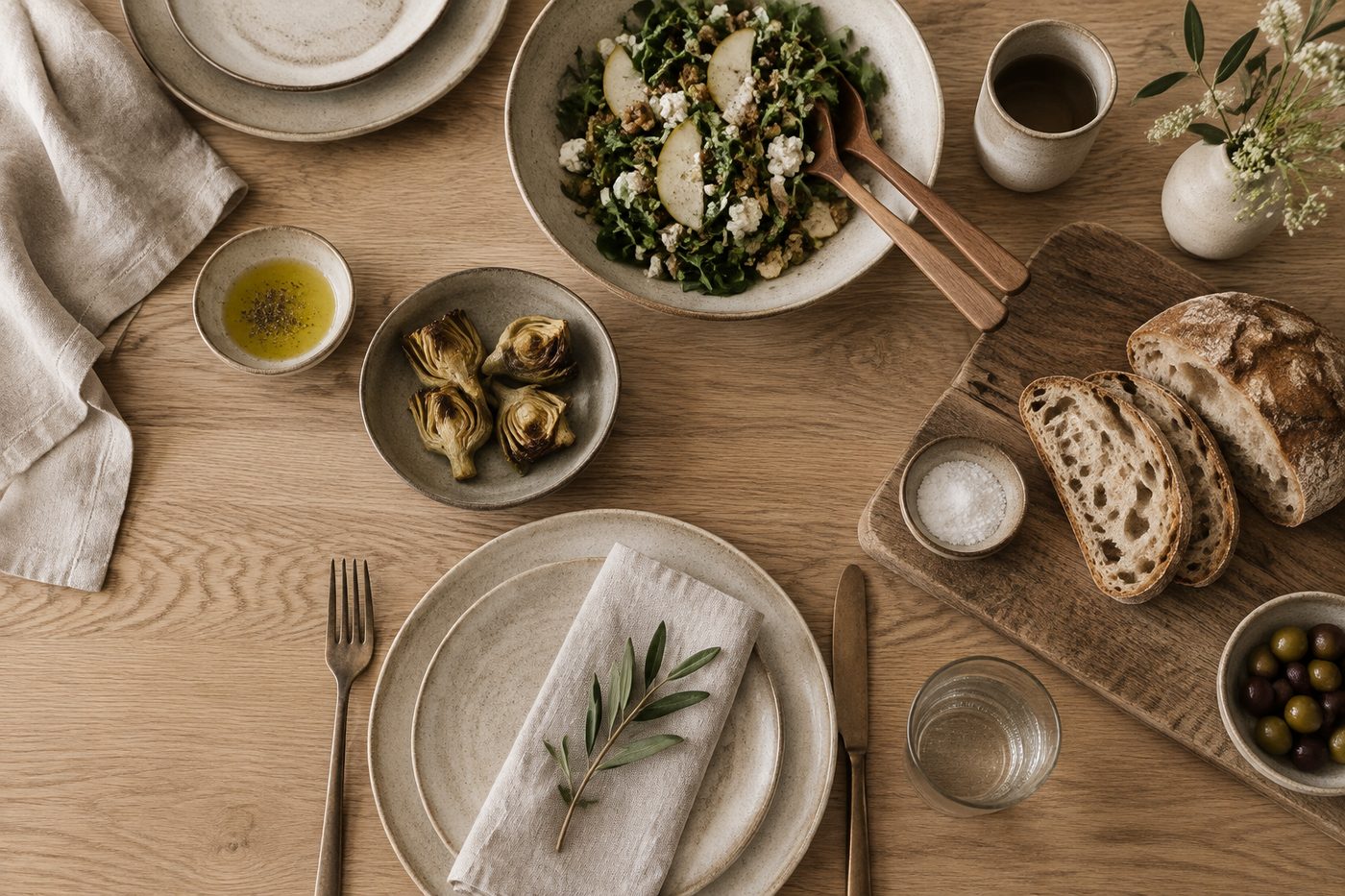 Table en ch&ecirc;ne, vaisselle en gr&egrave;s et lin