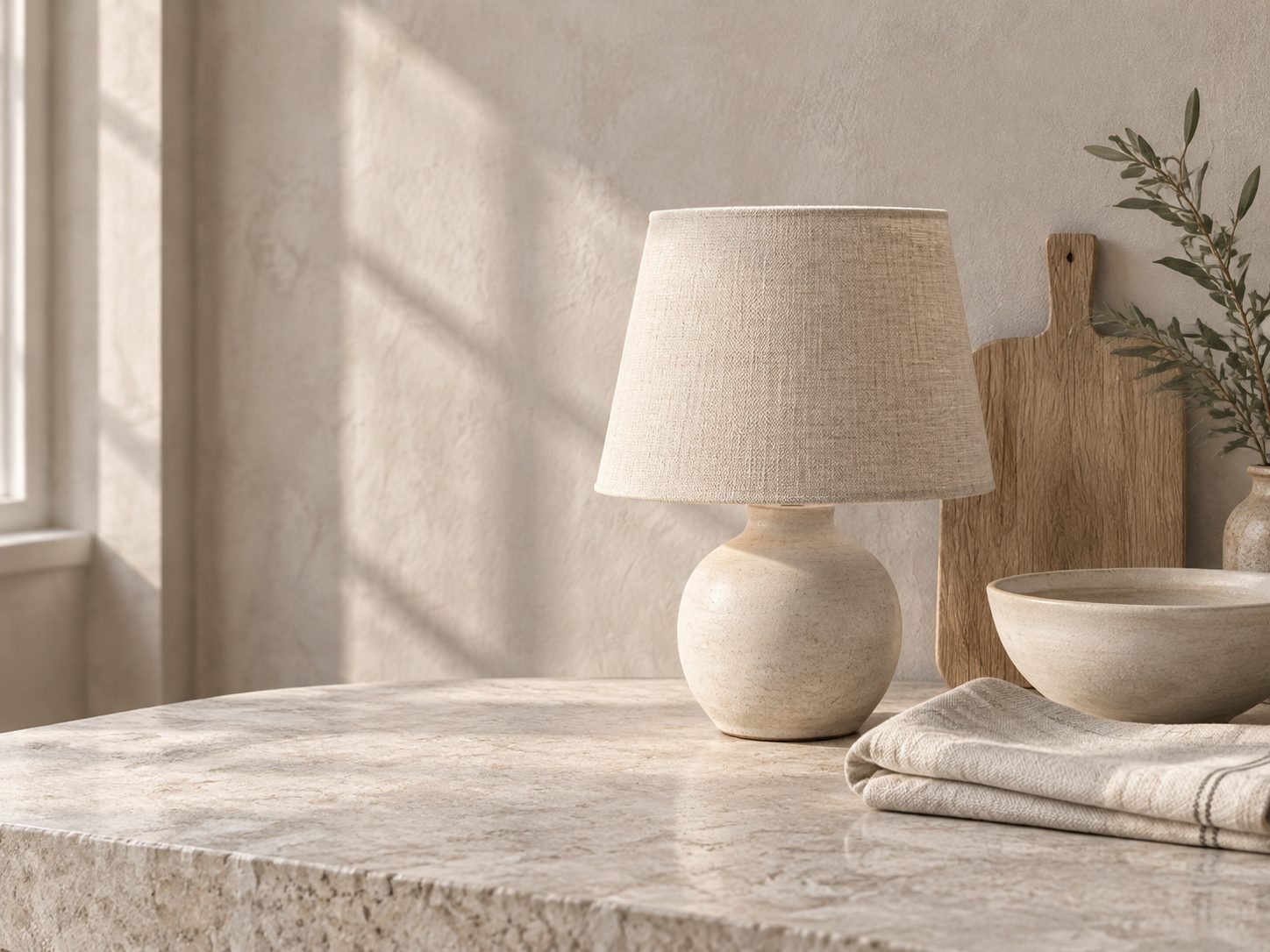 Lampe, lin, bois et c&eacute;ramique