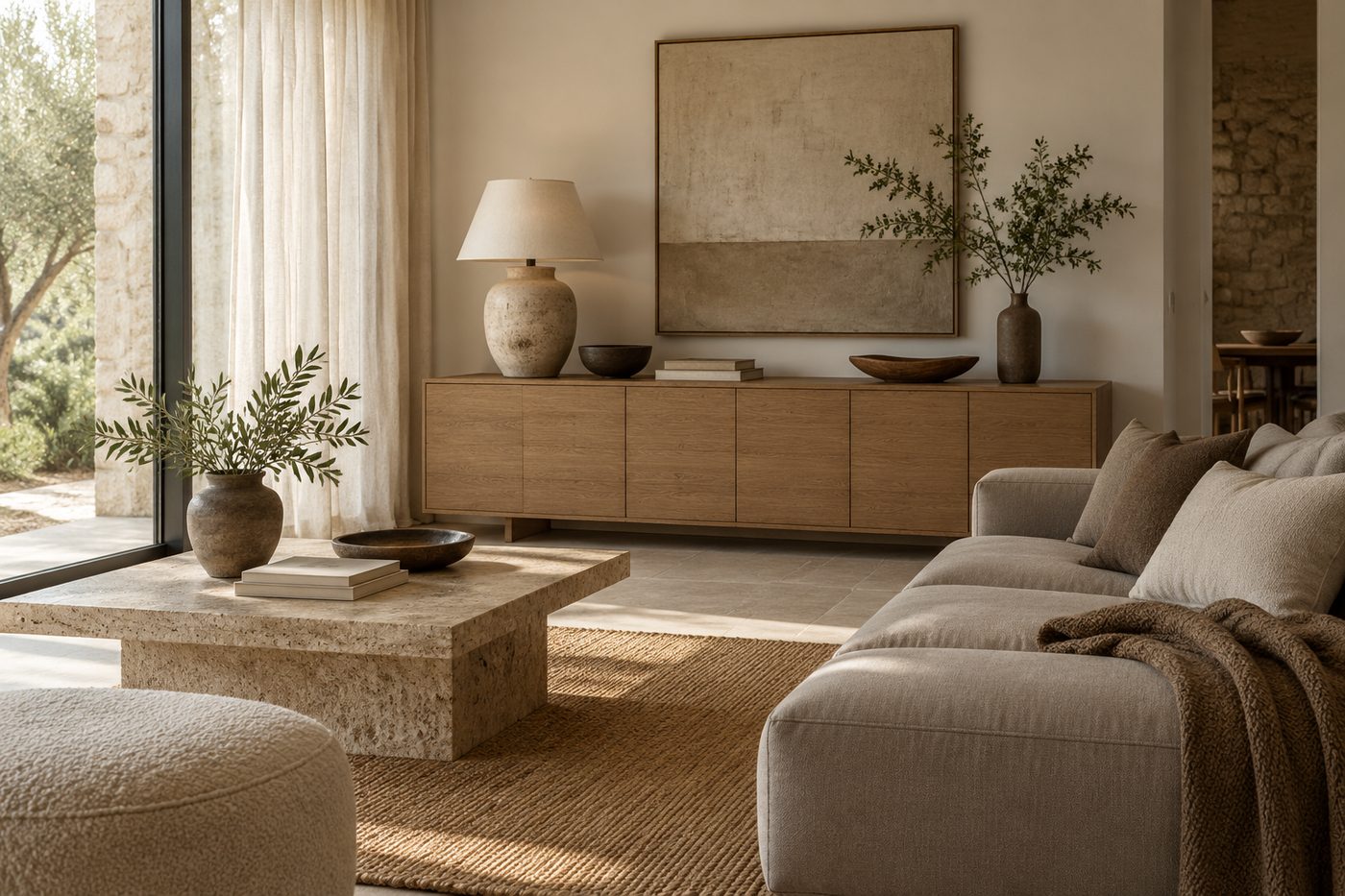 Tageslichtwohnzimmer mit Sofa, Holz und Lampe