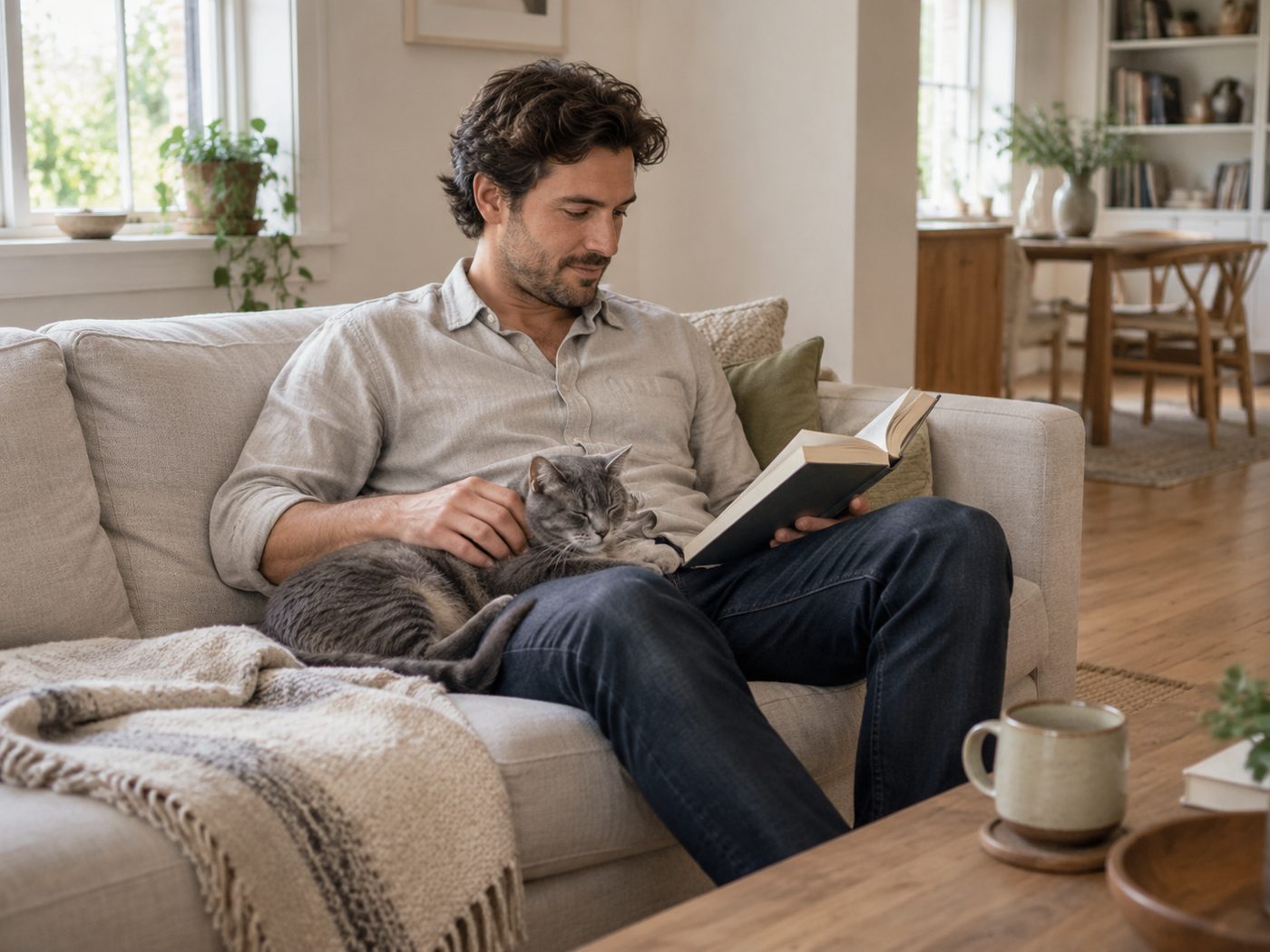 Un homme et un chat sur un canapé de lin