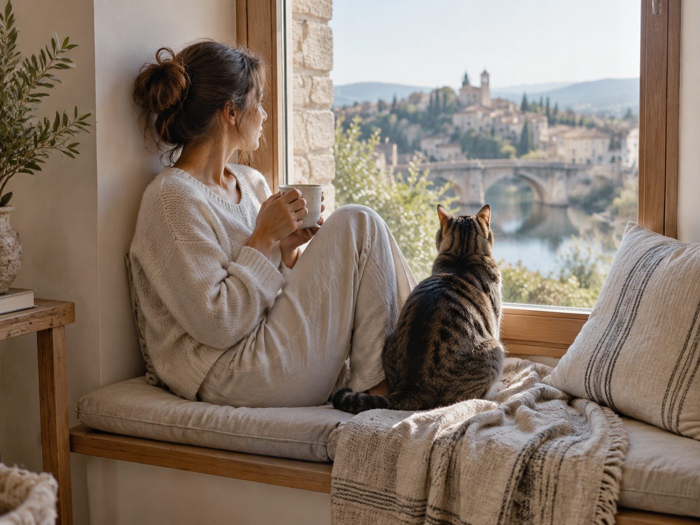 Une femme et un chat regardent par la fenêtre