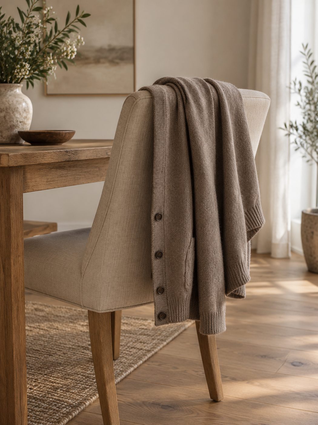 Gilet taupe posé sur une chaise