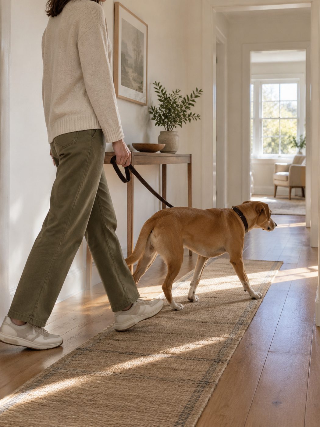 Une personne promène un chien dans le couloir