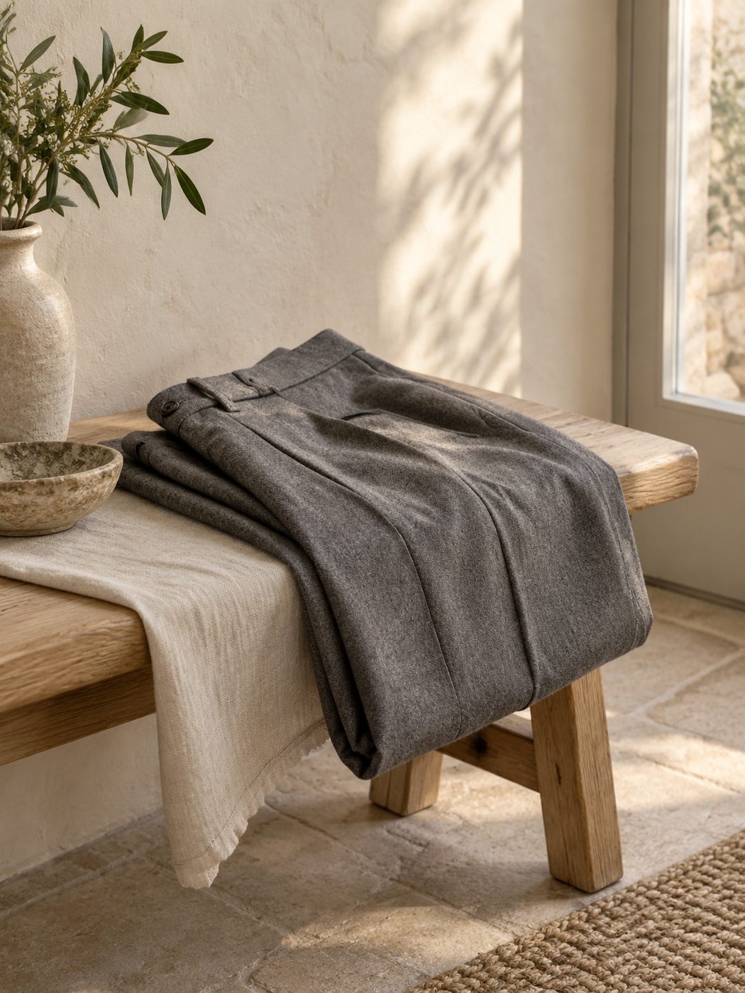 Pantalon de laine plié sur un banc en chêne
