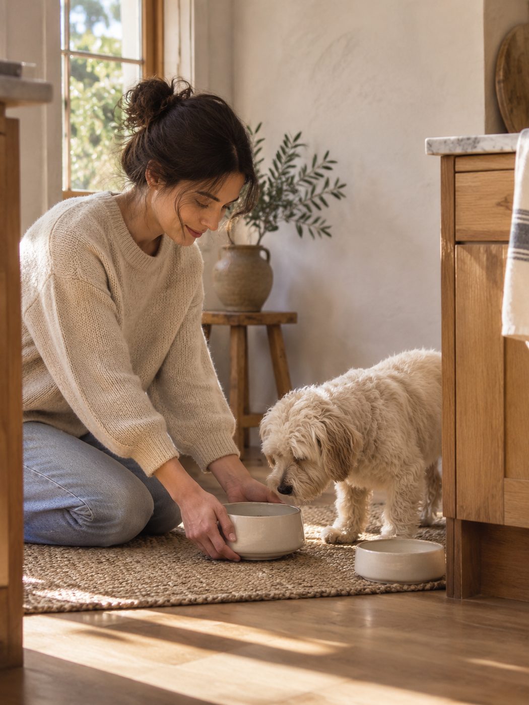 Une femme pose une gamelle pour un chien