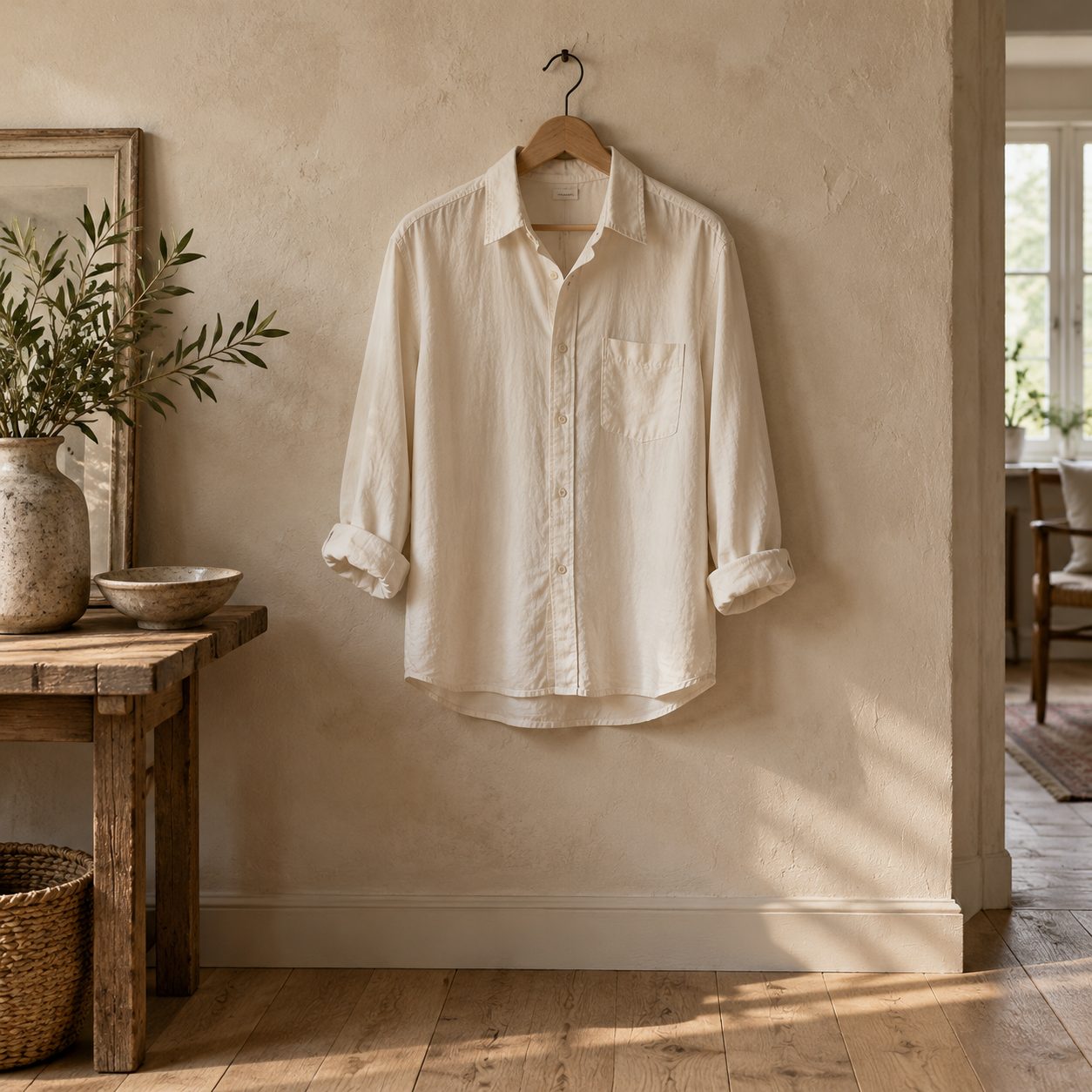 Chemise écrue sur un cintre en bois