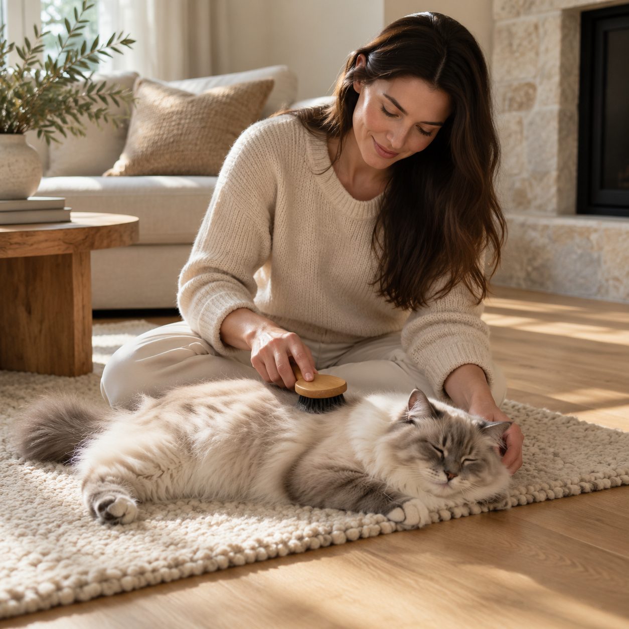 Une femme brosse un chat sur un tapis