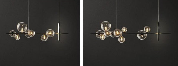 Lights of Scandinavia - Macrocosm - Moderne hangende glazen bol met ledverlichting. Kroonluchter in Scandinavische stijl voor eetkamers, bars, restaurants of, waarom niet, in de koffiebar? 2 maten - 90 of 120 cm breed. 7 koppen - breedte 90 cm, hoogte 30 cm, 7x5W + 17W. 10 koppen - breedte 100 cm, hoogte 30 cm, 10x5W + 17W.