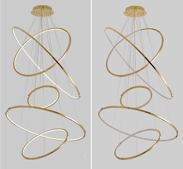 Lights of Scandinavia - Wenen - Eenvoudige maar elegante hanglamp/kroonluchter. Modern minimalistisch design, 1,5 mm roestvrij staal met een vacuüm verguld oppervlak en een lampenkap van polymeersilicone. LED-chip met lange levensduur. Verstelbare hanglengte. Voor hoge plafonds kunnen we ophangdraden op maat maken. Geschikt voor: entrees, slaapkamers, woonkamers, eetkamers, trappenhuizen, enz.