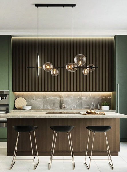 Lights of Scandinavia - Macrocosm - Moderne hangende glazen bol met ledverlichting. Kroonluchter in Scandinavische stijl voor eetkamers, bars, restaurants of, waarom niet, in de koffiebar? 2 maten - 90 of 120 cm breed. 7 koppen - breedte 90 cm, hoogte 30 cm, 7x5W + 17W. 10 koppen - breedte 100 cm, hoogte 30 cm, 10x5W + 17W.